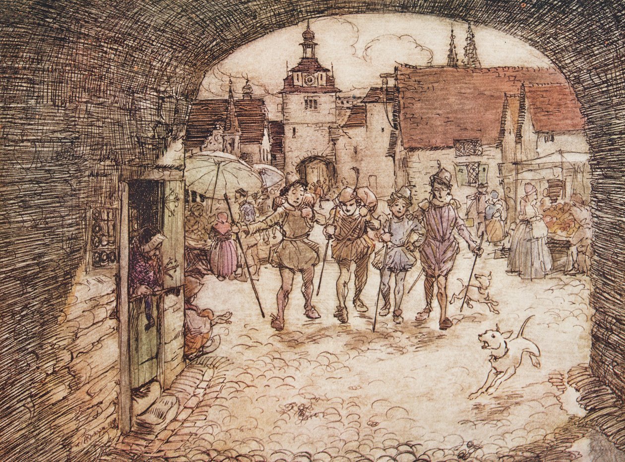 Så de fyra bröderna tog sina käppar i händerna, bad farväl till sin far och gick ut genom stadsporten, från The Fairy Tales of the Brothers Grimm, puben. 1909 av Arthur Rackham