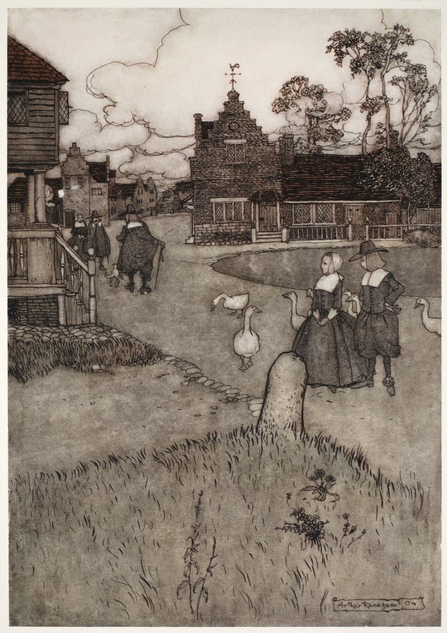Några av de ursprungliga nybyggarnas hus., från Rip Van Winkle av Washington Irving, pub. 1910 av Arthur Rackham