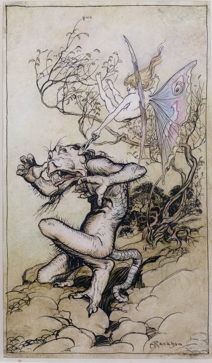Sprite and Monster, en illustration från Tales from Shakespeare av Charles (1775-1834) och Mary Lamb (1764-1847) 1909 (penna och bläck, wc) av Arthur Rackham