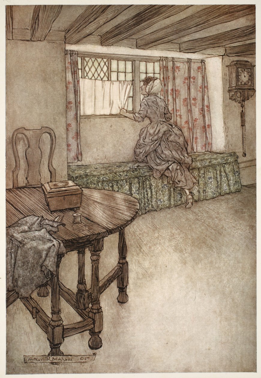 Konstiga namn fanns över dörrarna - konstiga ansikten vid fönstren - allt var konstigt., från Rip Van Winkle av Washington Irving, pub. 1910 av Arthur Rackham