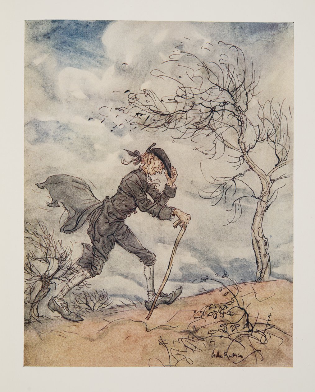 Strider längs profilen av en kulle en blåsig dag.., från The Legend of Sleepy Hollow av Washington Irving (1783 - 1859), pub. 1928 av Arthur Rackham