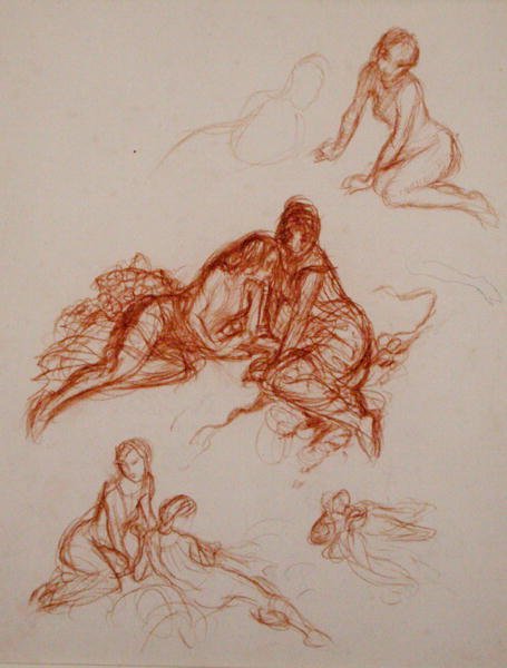 Studier av flickor som sitter på gräset (sanguine på papper) av Arthur Rackham