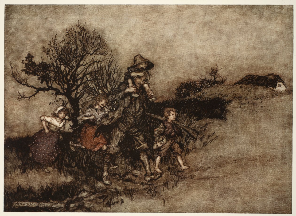 Omgiven av en trupp barn., från Rip Van Winkle av Washington Irving, pub. 1910 av Arthur Rackham
