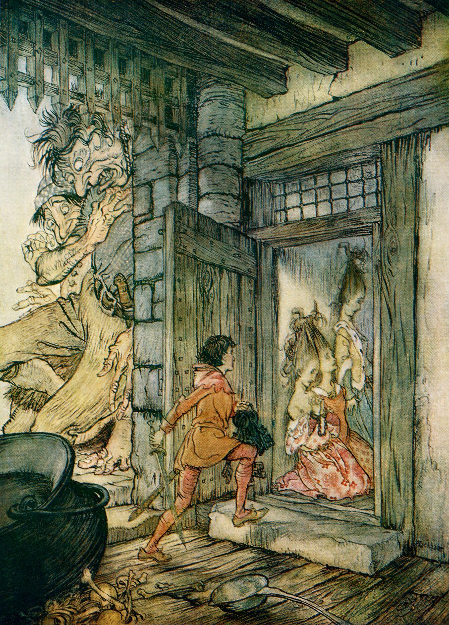 Genom att ta med sig nycklarna till slottet låste Jack upp alla dörrar, illustration till "Jack the Giant Killer" från "English Fairy Tales Retold by F.A. Steel av Arthur Rackham