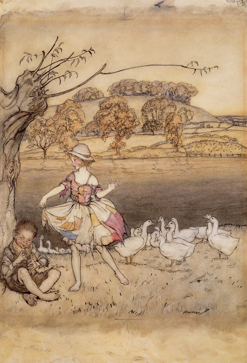 Tattercoats dansar medan gåshjordspiporna, illustration från English Fairy Tales, återberättad av F.A. Steel, publicerad 1918 (penna och bläck & wc på papper) av Arthur Rackham