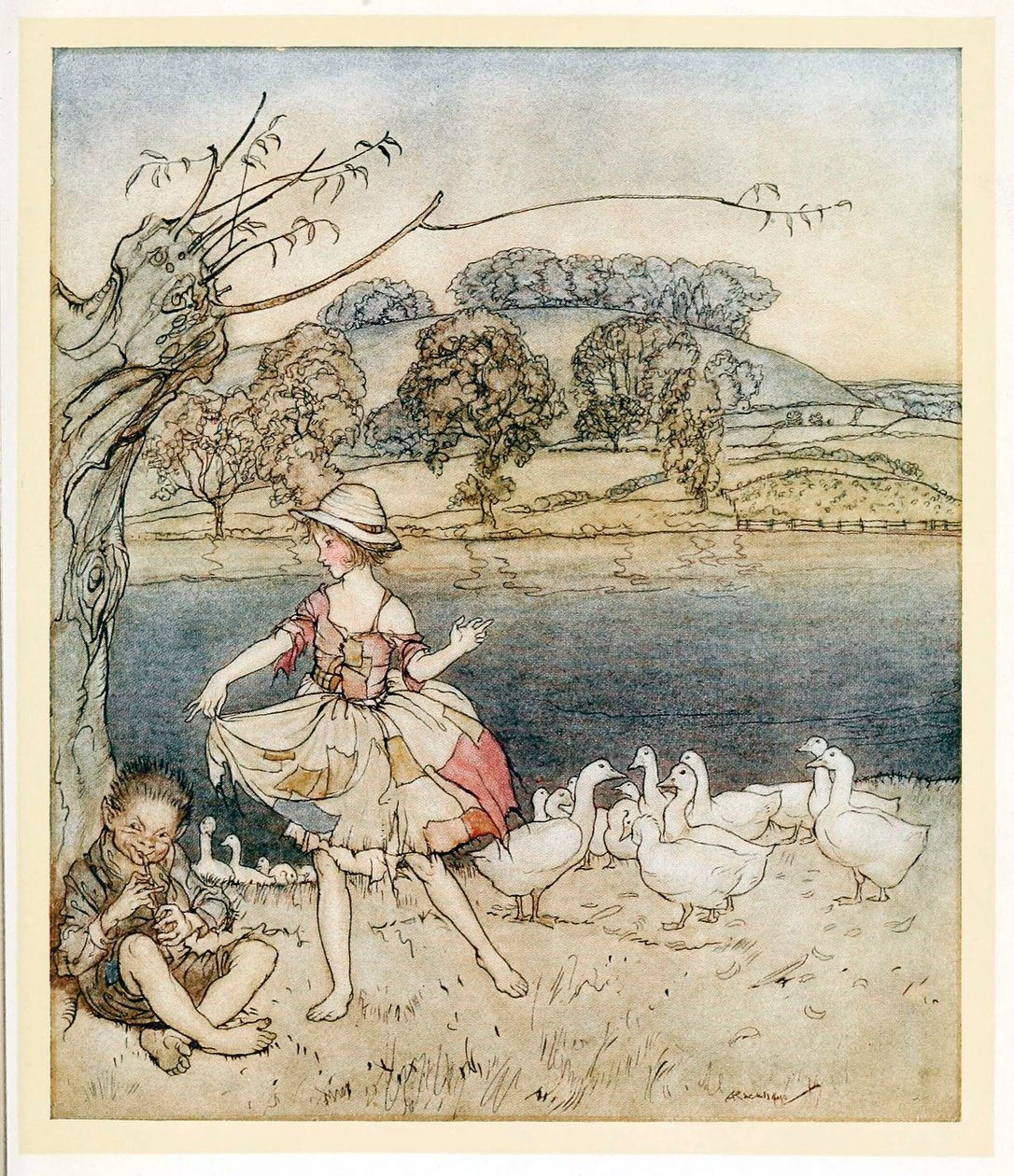 Tattercoats dansar medan goosherden pipar, från engelska Fairy Tales, pub. 1922. av Arthur Rackham