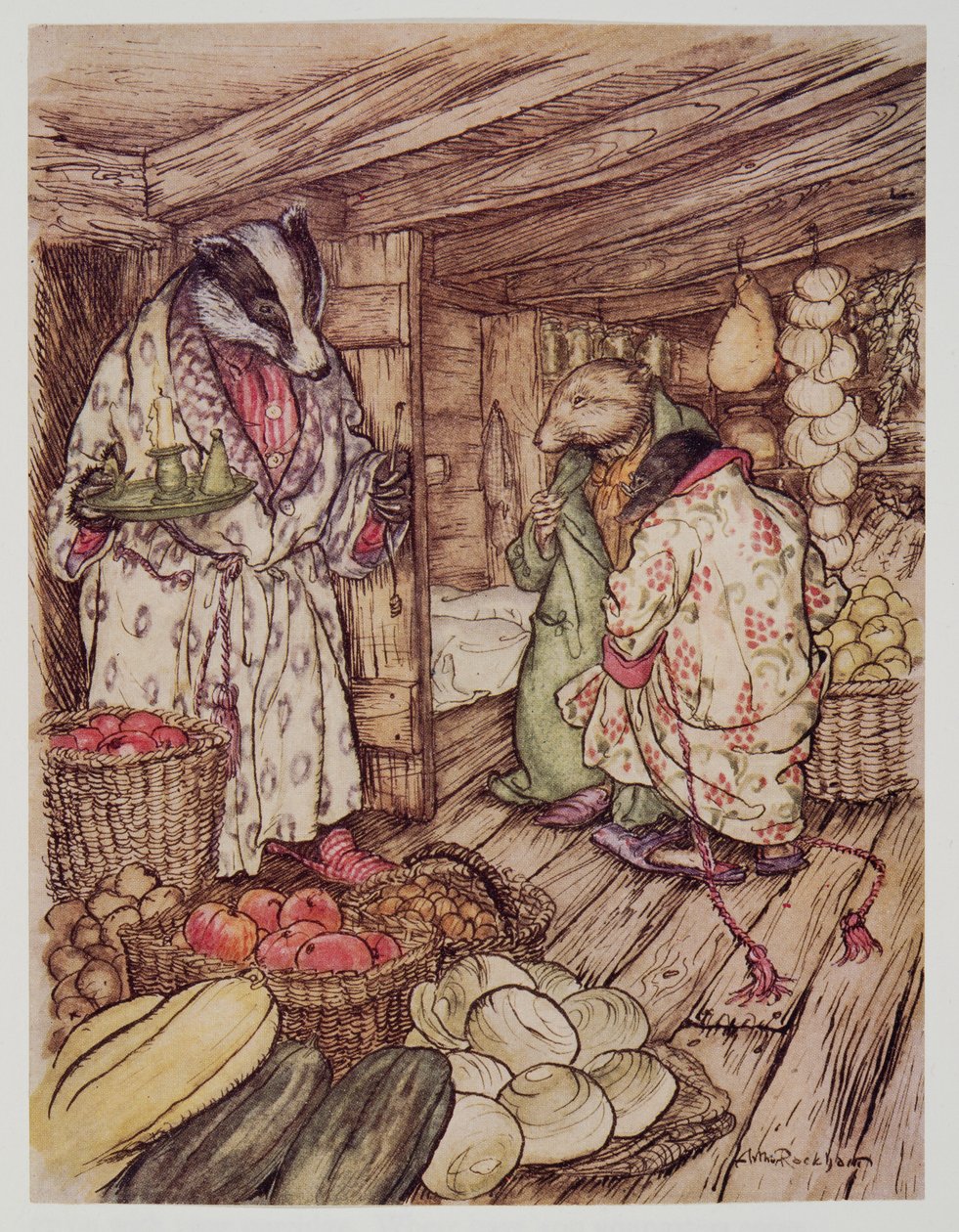 Badgers vinterbutiker, som verkligen var synliga överallt, tog upp halva rummet, från Wind in the Willows av Kenneth Grahame (1859 - 1932), pub. 1940 av Arthur Rackham