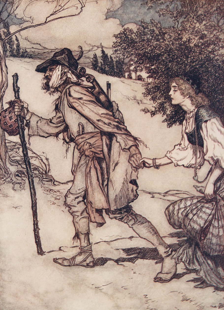Tiggaren tog henne i handen och ledde henne bort från The Fairy Tales of the Brothers Grimm, puben. 1909 av Arthur Rackham
