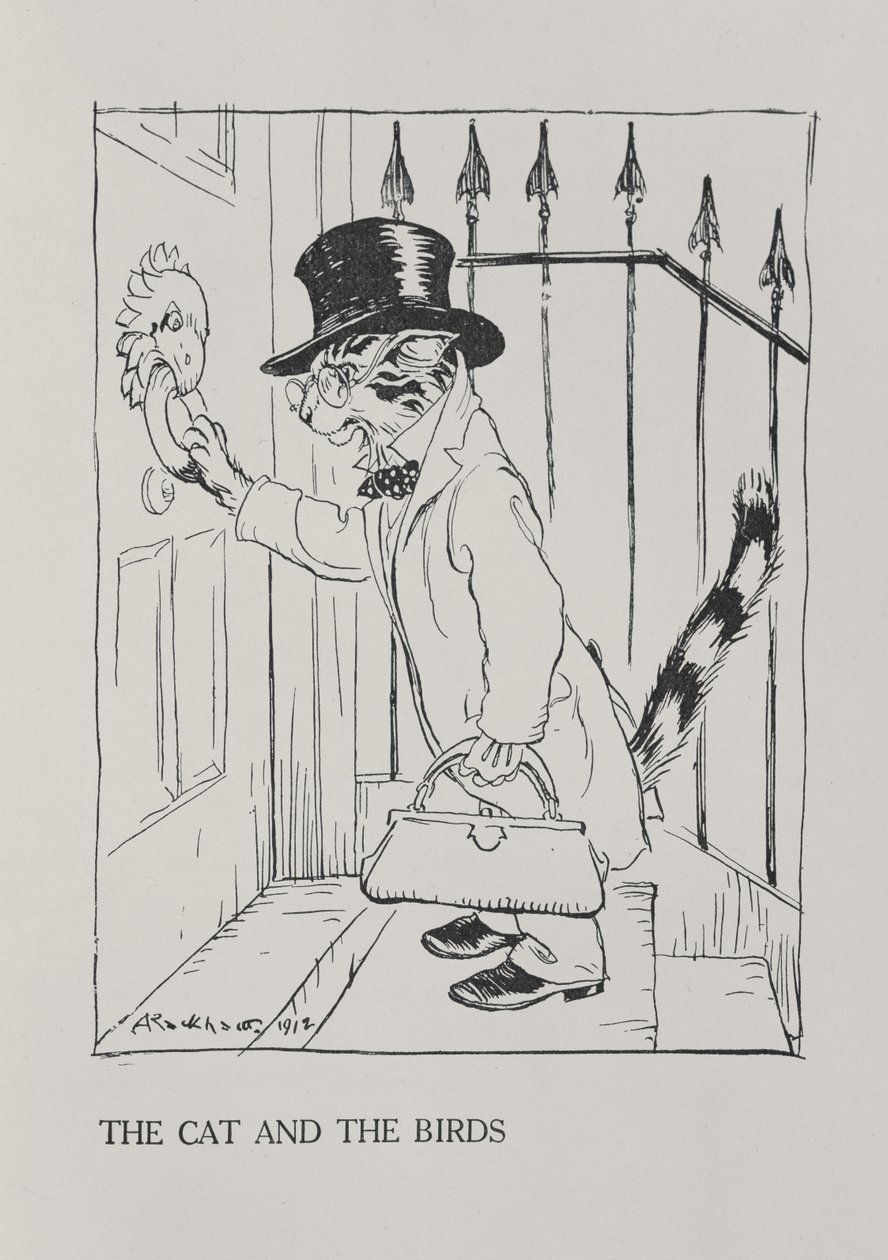 Katten och fåglarna, illustration från "Aesops fabler", publicerad av Heinemann, 1912 av Arthur Rackham