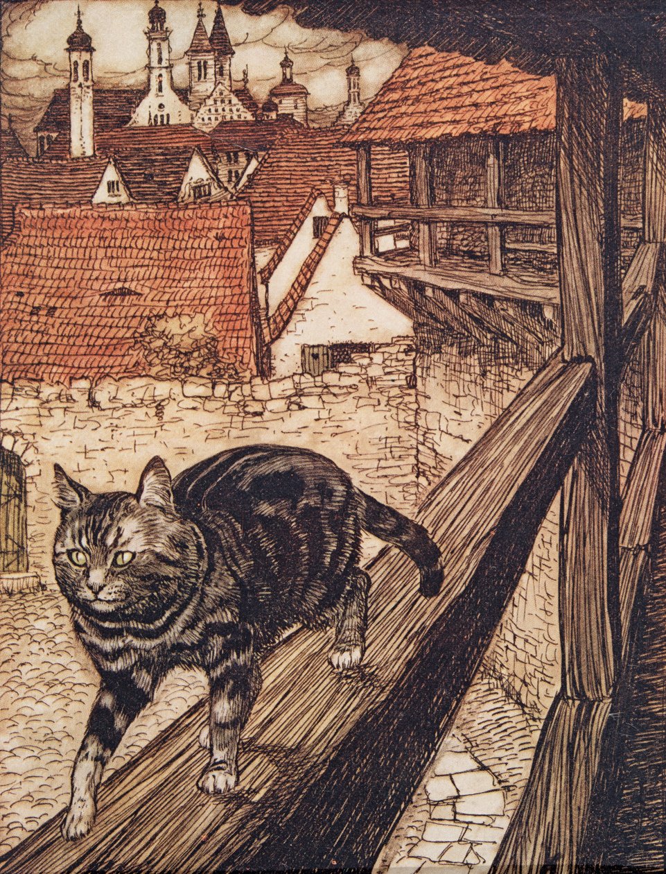 Katten smög sig bakom stadsmuren till kyrkan..., från Bröderna Grimms sagor, pub. 1909 av Arthur Rackham