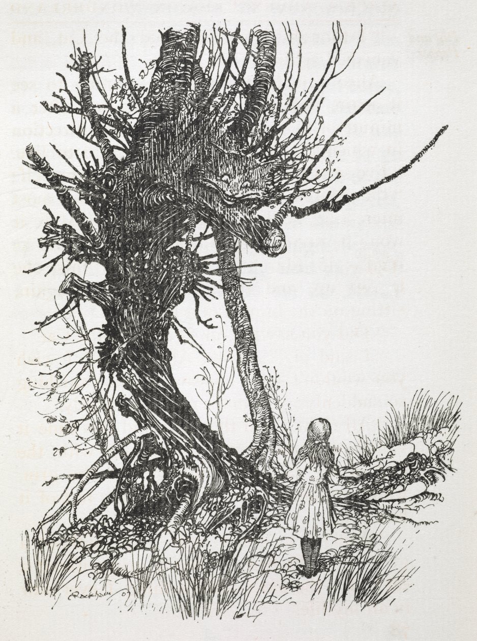 Cheshire-katten i ett träd tittar ner på Alice av Arthur Rackham