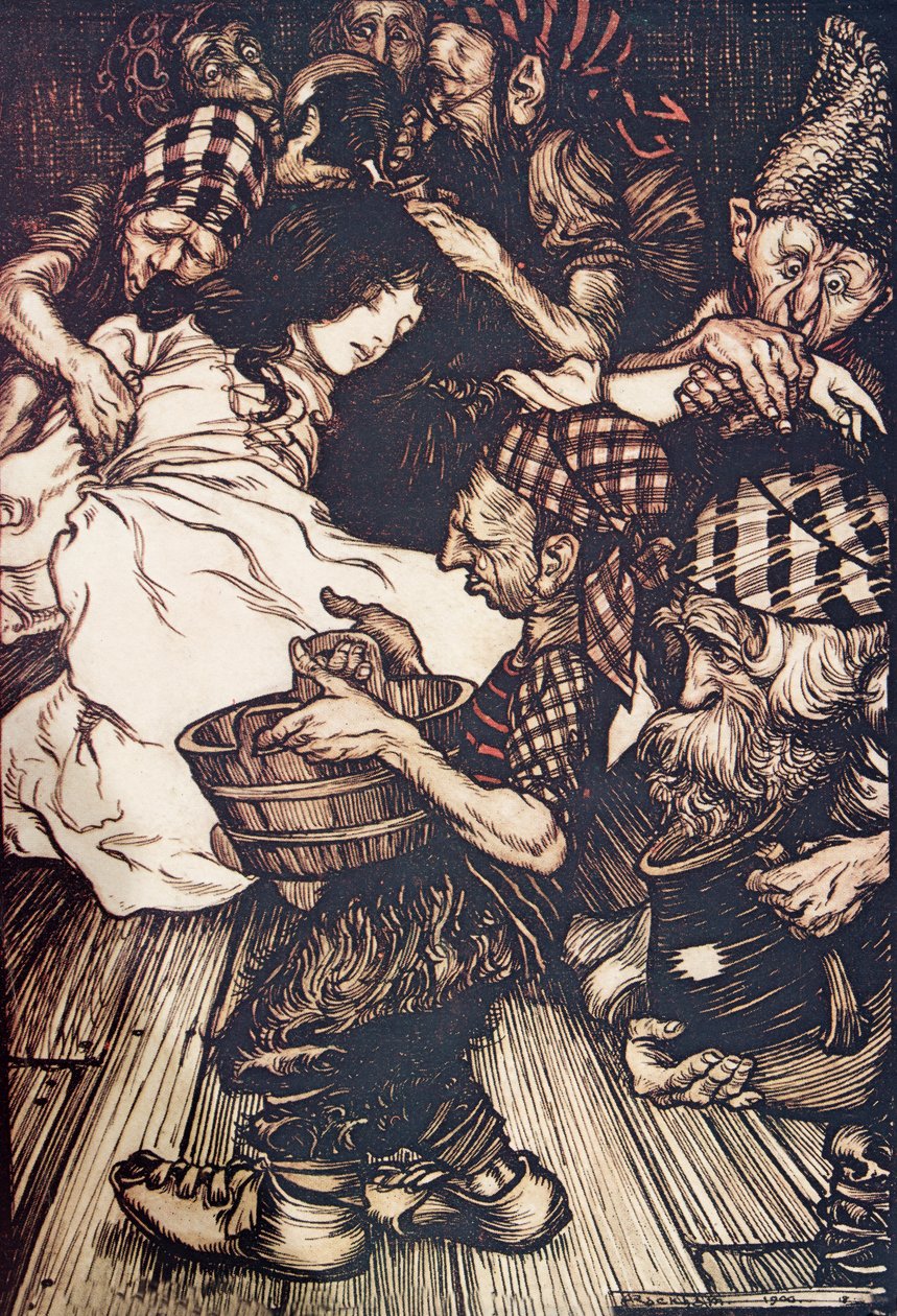 Dvärgarna, när de kom på kvällen hittade Snowdrop liggande på marken, från Sagorna om bröderna Grimm, pub. 1909 av Arthur Rackham