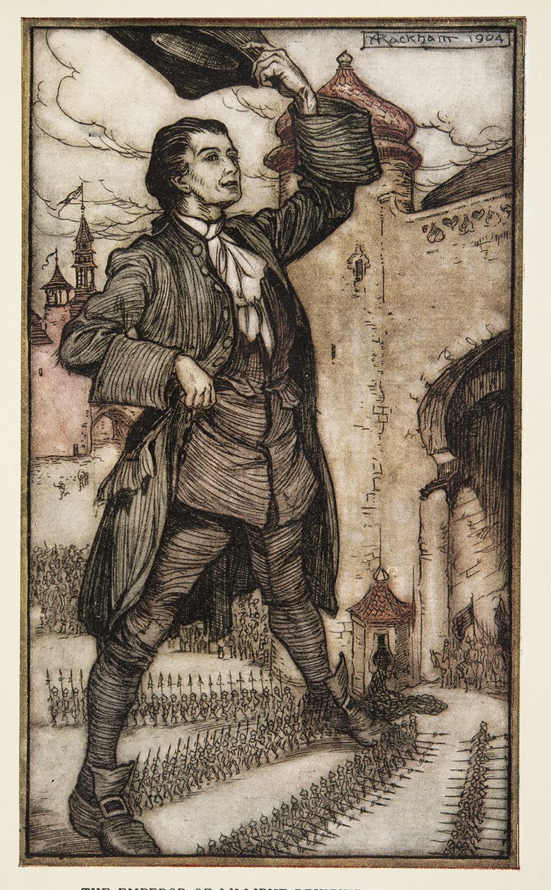 Kejsaren av Lilliput granskar sina trupper, från Gullivers resor av Jonathon Swift (1667 - 1745), pub. 1909 (lito i färg) av Arthur Rackham