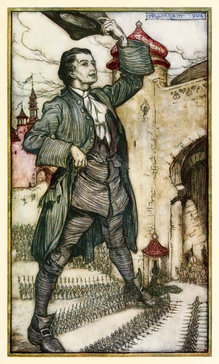 The Emperor of Lilliput recenserar sina trupper från del I: A Voyage to Lilliput in Gullivers Travels av Jonathan Swift av Arthur Rackham