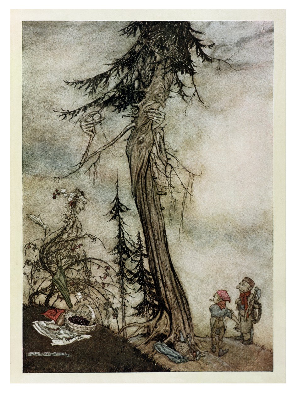 Granträdet och tornstammen, illustration från "Aesops fabler", utgiven av Heinemann, 1912 av Arthur Rackham