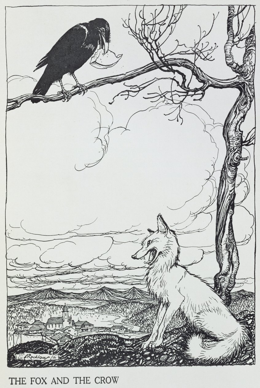 Räven och kråkan, illustration från "Aesops fabler", publicerad av Heinemann, 1912 (gravyr) av Arthur Rackham