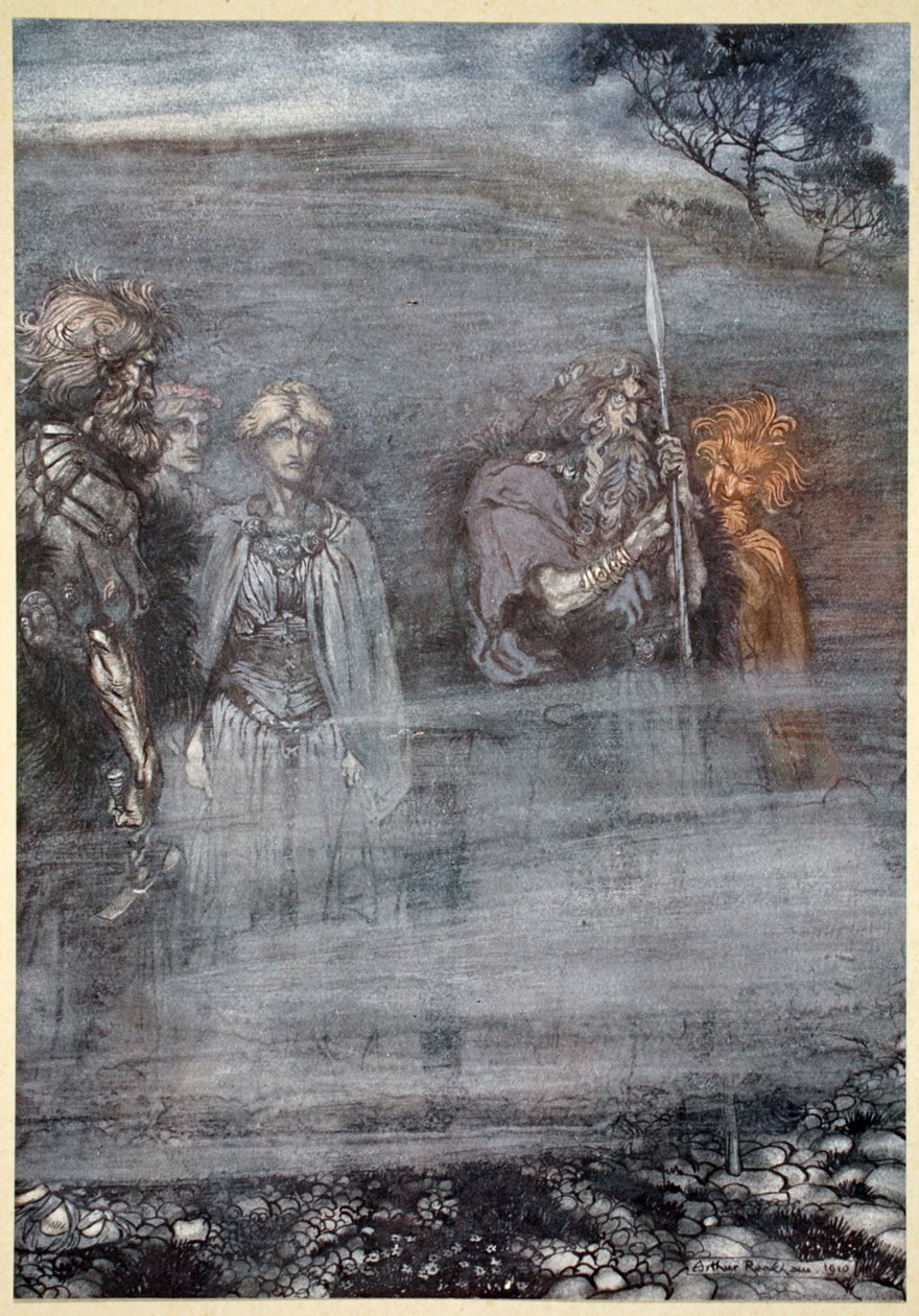 "Gudarna blir svaga och åldras vid förlusten av Freia", 1910. av Arthur Rackham