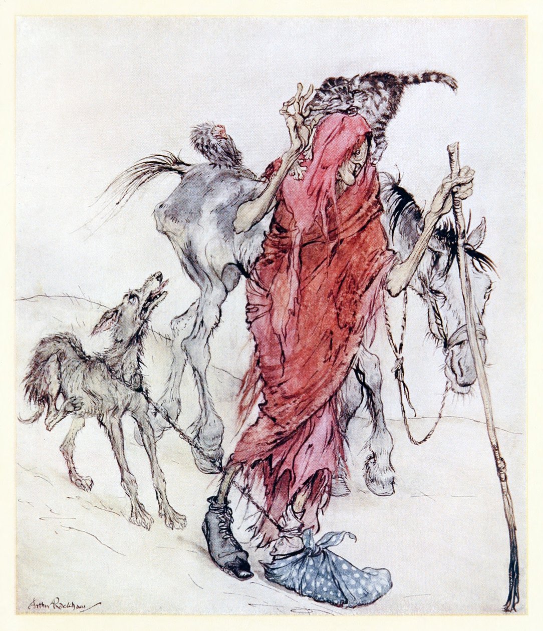 The Hag of the Mill var en benig, tunn stång av en hag med udda fötter. från Mongans Frenzy in Irish Fairy Tales av Arthur Rackham