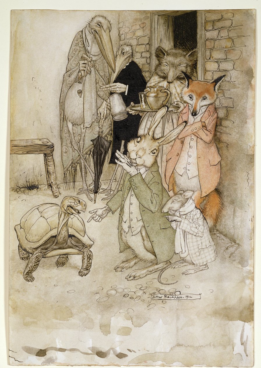 Haren och sköldpaddan, illustration från Aesops Fables, pub. av Heinemann, 1912 (penna och bläck, wc på papper) av Arthur Rackham