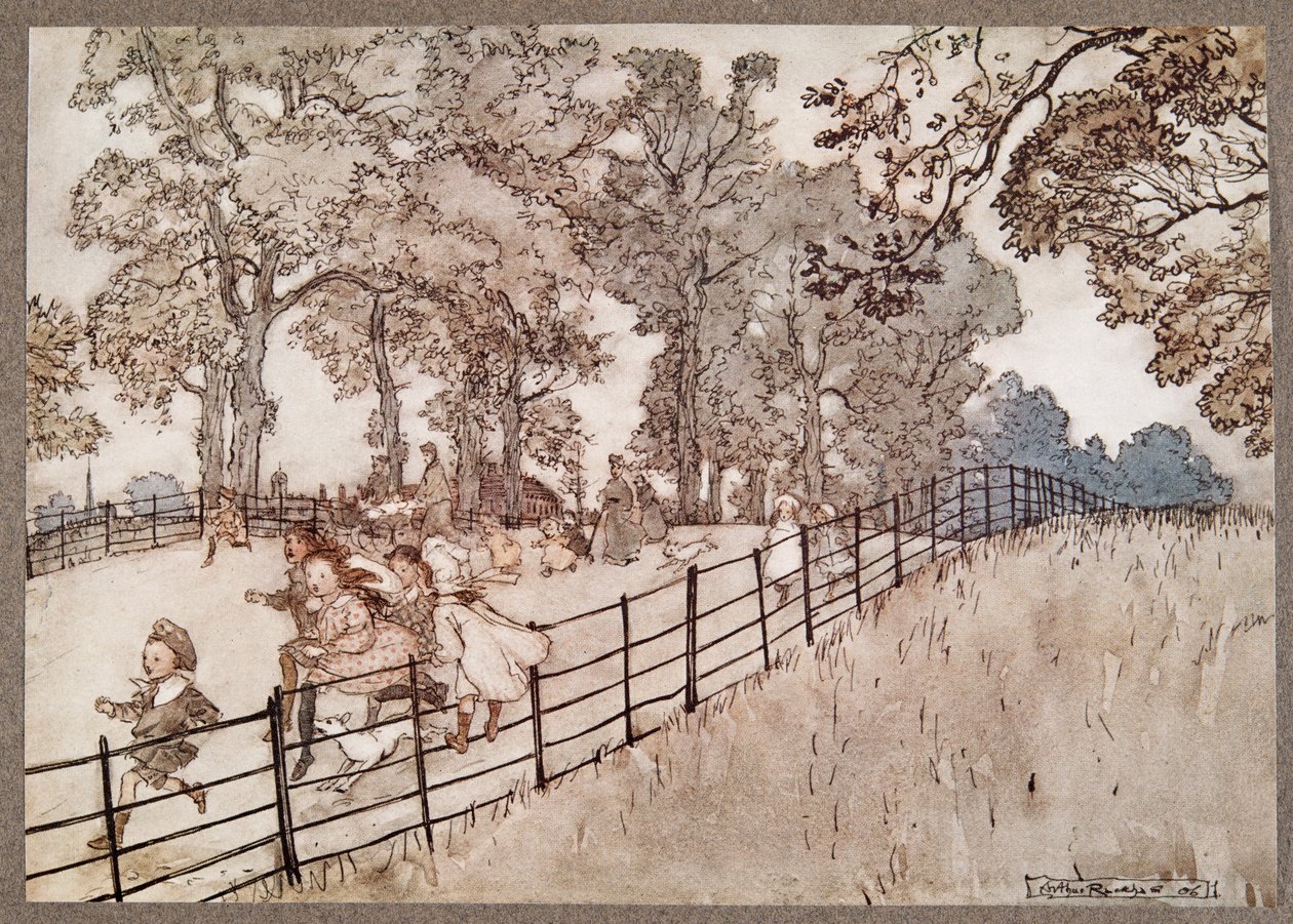The Hump som är den del av Broad Walk där alla stora lopp körs, från Peter Pan i Kensington Gardens av J M Barrie (1860 - 1937), pub. 1906 av Arthur Rackham