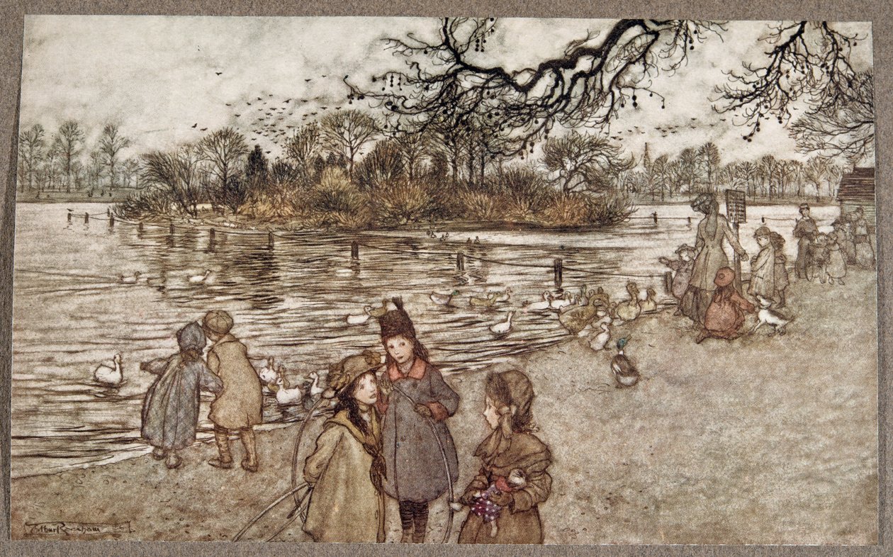 Ön där alla fåglar föds som blev pojkar och flickor, från Peter Pan i Kensington Gardens av J M Barrie (1860 - 1937), pub. 1906 av Arthur Rackham
