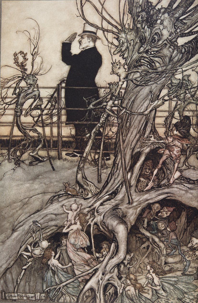 Kensington Gardens är i London, där kungen bor ..", från Peter Pan i Kensington Gardens av J M Barrie (1860 - 1937), pub. 1906 (färg litho) av Arthur Rackham