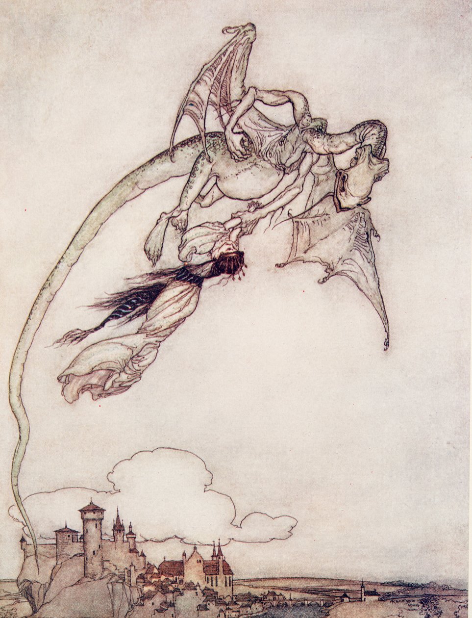 Kings enda dotter hade burits av en drake, från The Fairy Tales of the Brothers Grimm, puben. 1909 av Arthur Rackham