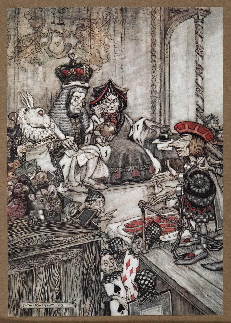 The Knove of Hearts i kajen inför drottningen och kungen av hjärtan anklagade för att ha stulit tårtorna av Arthur Rackham