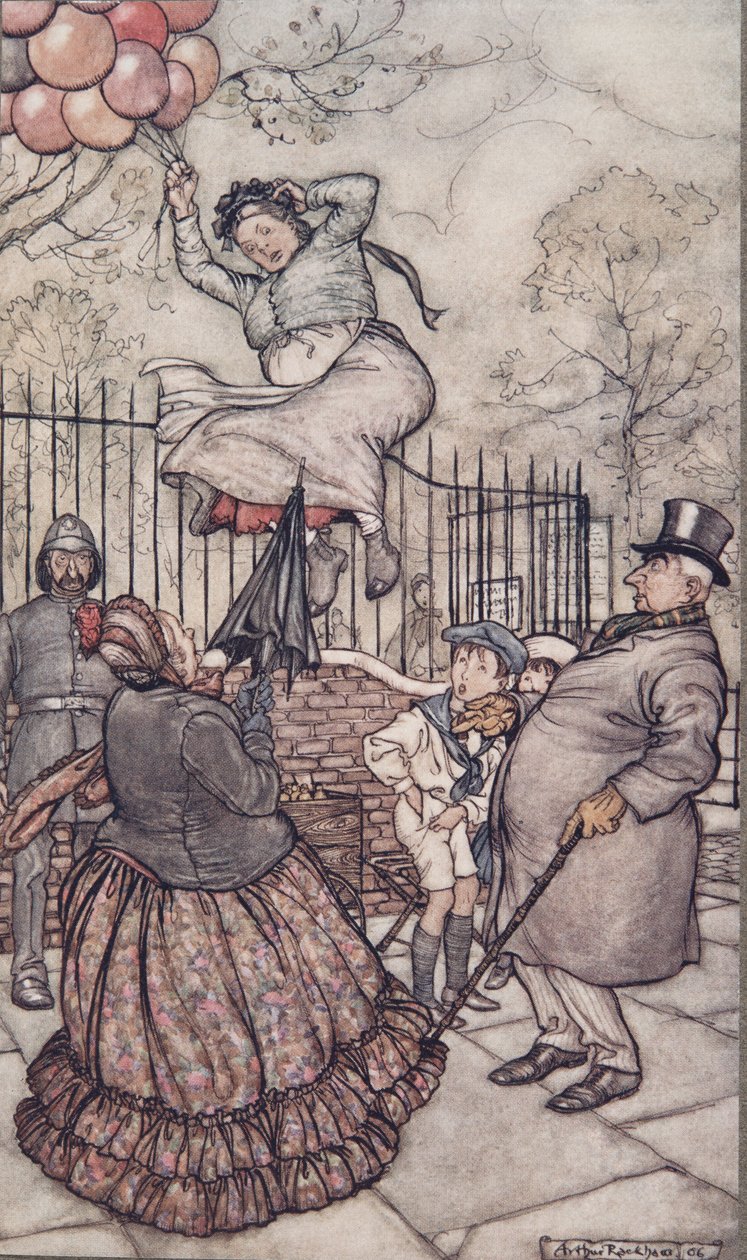 The Lady with the balloons, som sitter precis utanför, från Peter Pan i Kensington Gardens av J M Barrie (1860 - 1937), pub. 1906 av Arthur Rackham