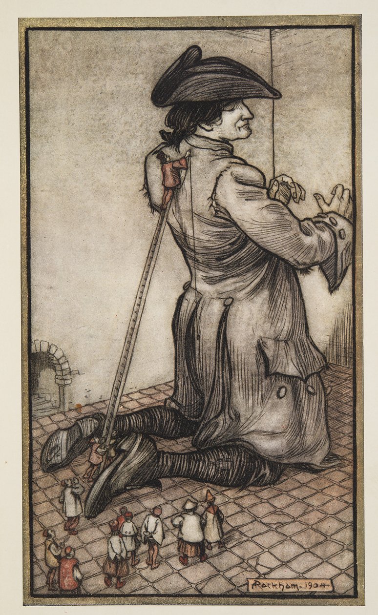 De Lilliputian skräddarna mäter Gulliver för en ny kostym, från Gullivers Travels av Jonathon Swift (1667 - 1745), pub. 1909 av Arthur Rackham