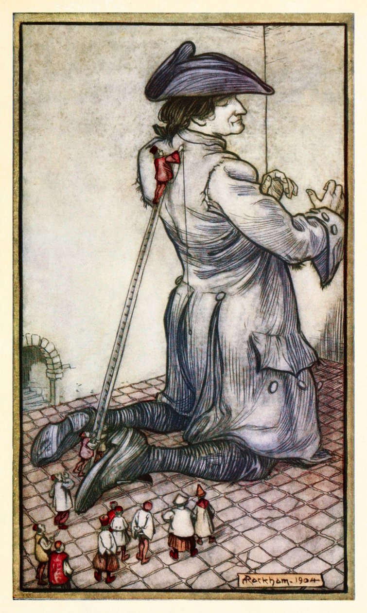 De Lilliputian-skräddarna mäter Gulliver för en ny kläddräkt från Del I: A Voyage to Lilliput in Gullivers Travels av Jonathan Swift av Arthur Rackham