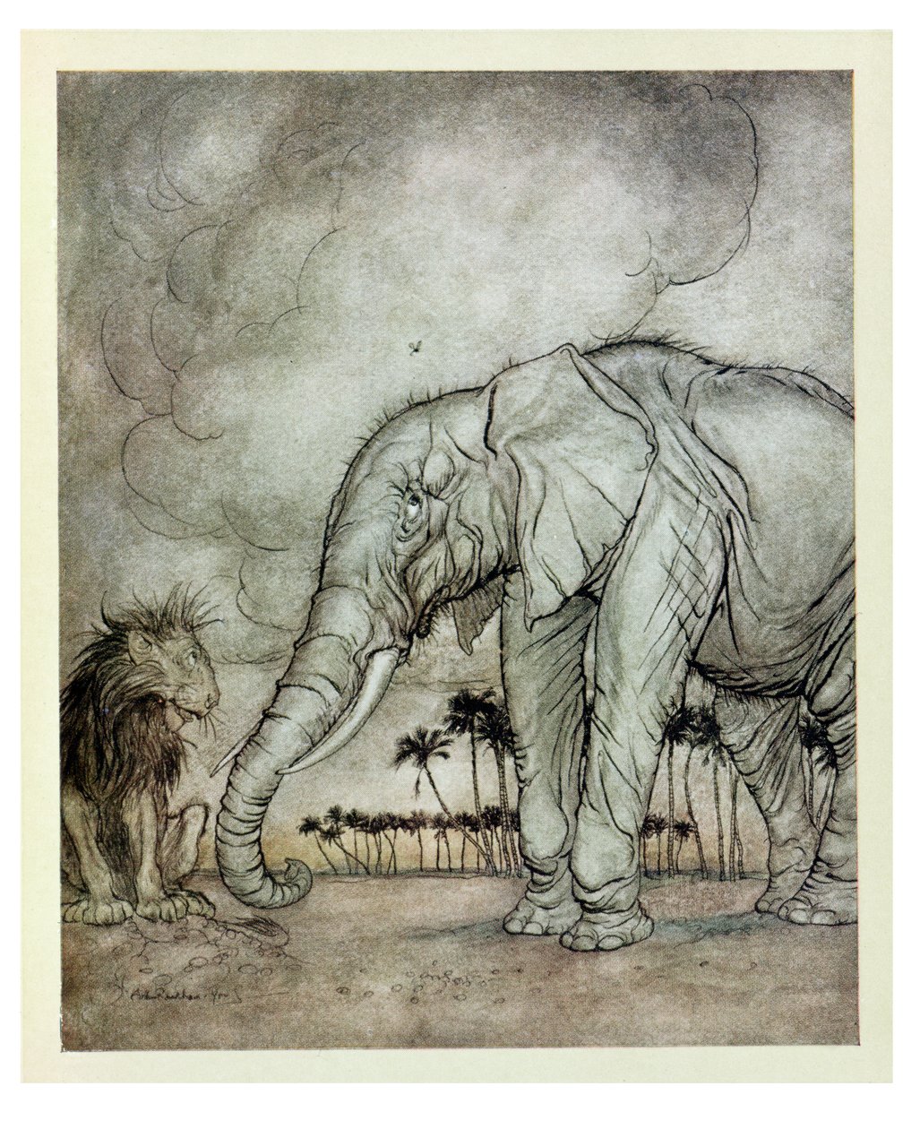 Lejonet, Jupiter och elefanten, illustration från "Aesops fabler", publicerad av Heinemann, 1912 av Arthur Rackham
