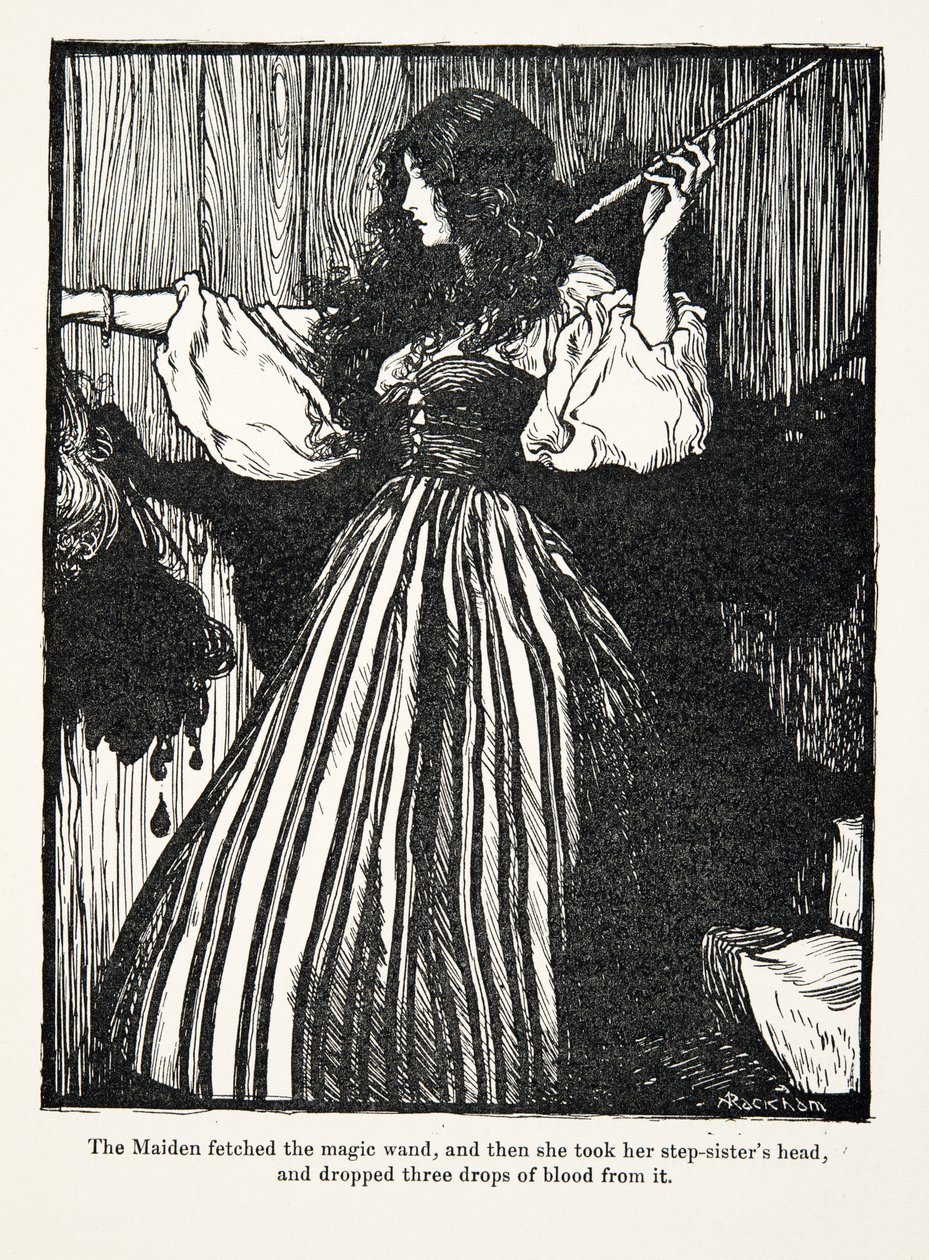 Jungfrun hämtade trollstaven och sedan tog hon sin styvsystras huvud och tappade tre droppar blod från den från Bröderna Grimms sagor, puben. 1909 av Arthur Rackham