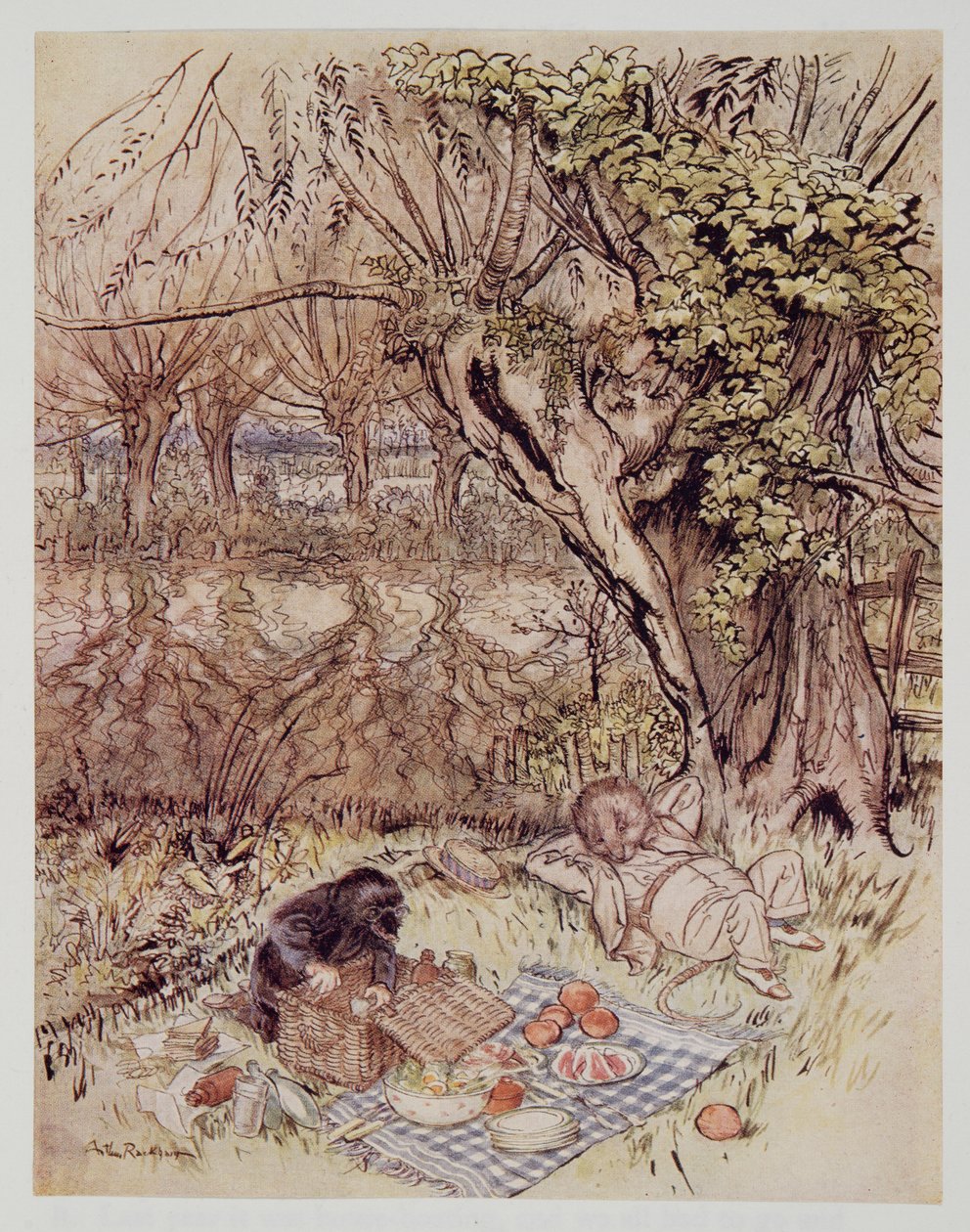 Mullvaden bad som en tjänst att få packa upp det helt själv, från Wind in the Willows av Kenneth Grahame (1859 - 1932), pub. 1940 av Arthur Rackham