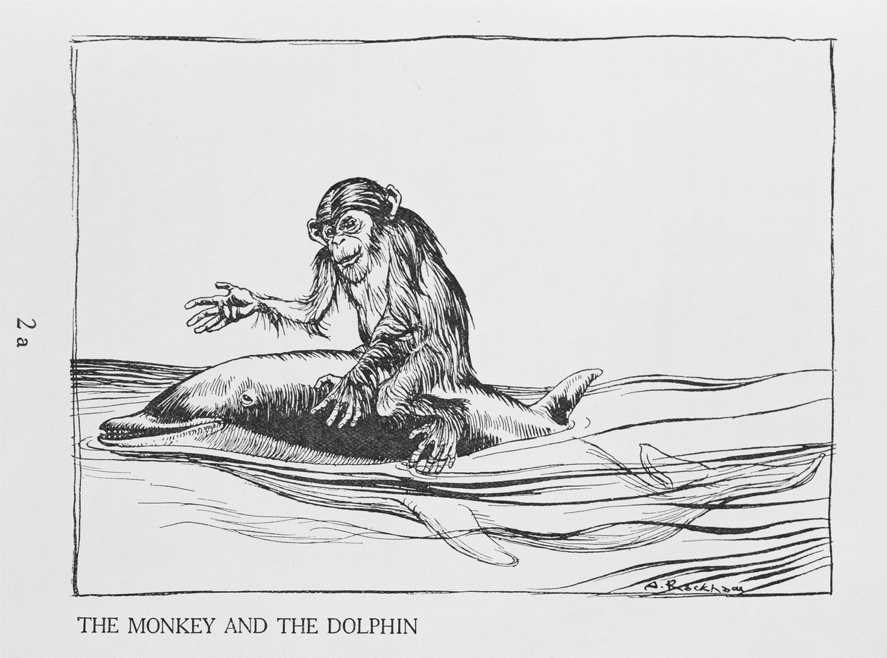 Apan och delfinen, illustration från Aesops Fables, publicerad av Heinemann, 1912 av Arthur Rackham