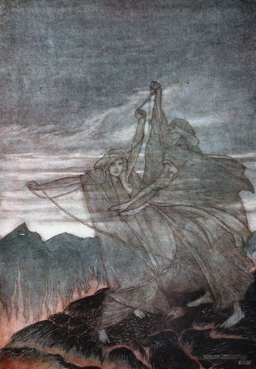 Nornerna försvinner. Illustration för Siegfried och gudarnas skymning av Richard Wagner, 1910 av Arthur Rackham