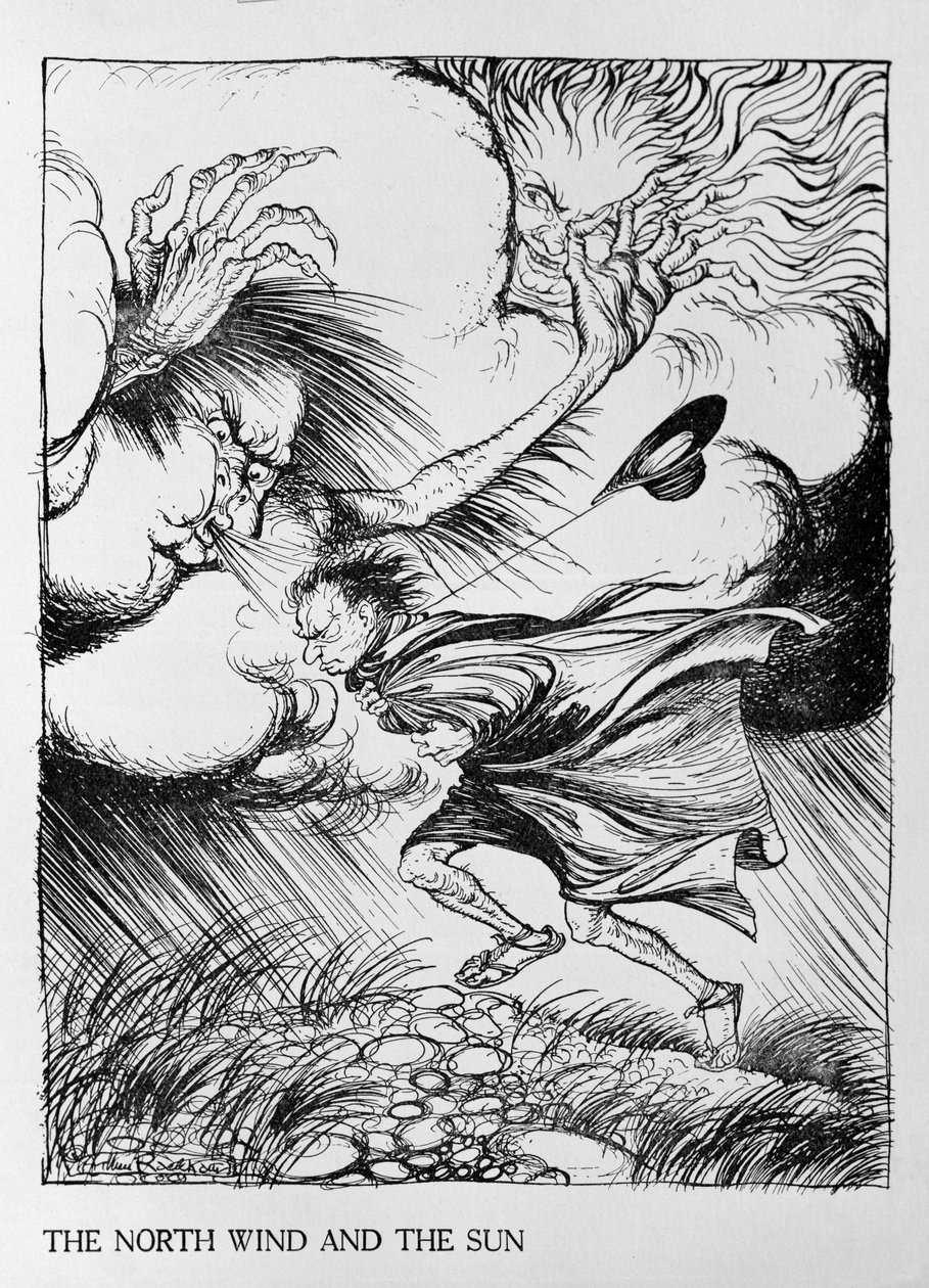 Nordvinden och solen, illustration från "Aesops fabler", publicerad av Heinemann, 1912 av Arthur Rackham