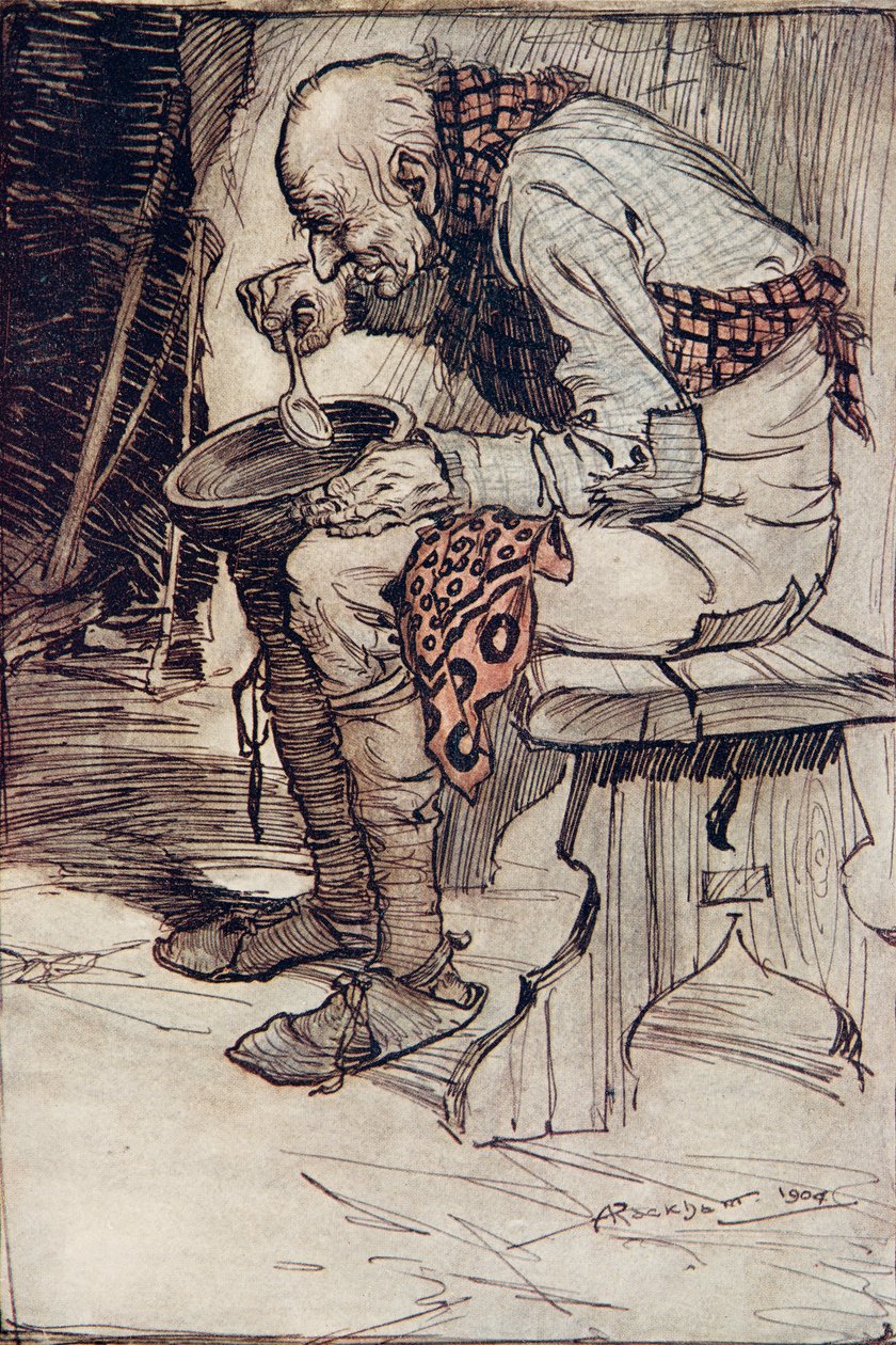 Gubben fick sitta själv och åt sin mat ur en träskål ... från Bröderna Grimms sagor, pub. 1909 av Arthur Rackham
