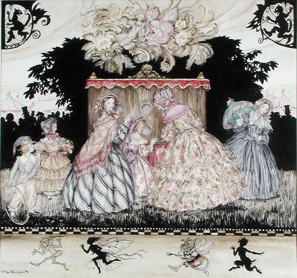 The Peep Show, omslagsillustration till "Kostumer genom tiderna", Maggs Brothers av Arthur Rackham