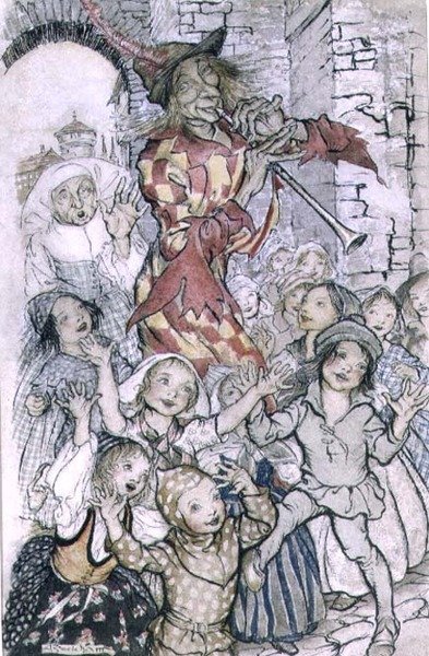 The Pied Piper of Hamelin, illustration till dikten av Robert Browning (1812-89) pub. 1934 (penna och bläck, akvarell på papper) av Arthur Rackham