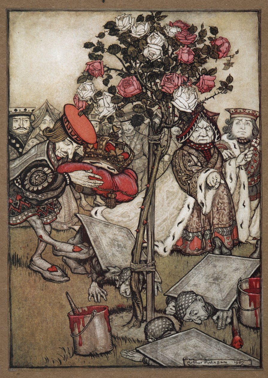 Hjärtans drottning, kung och knep passerar männen klädda som kort som målar rosenbusken röd av Arthur Rackham