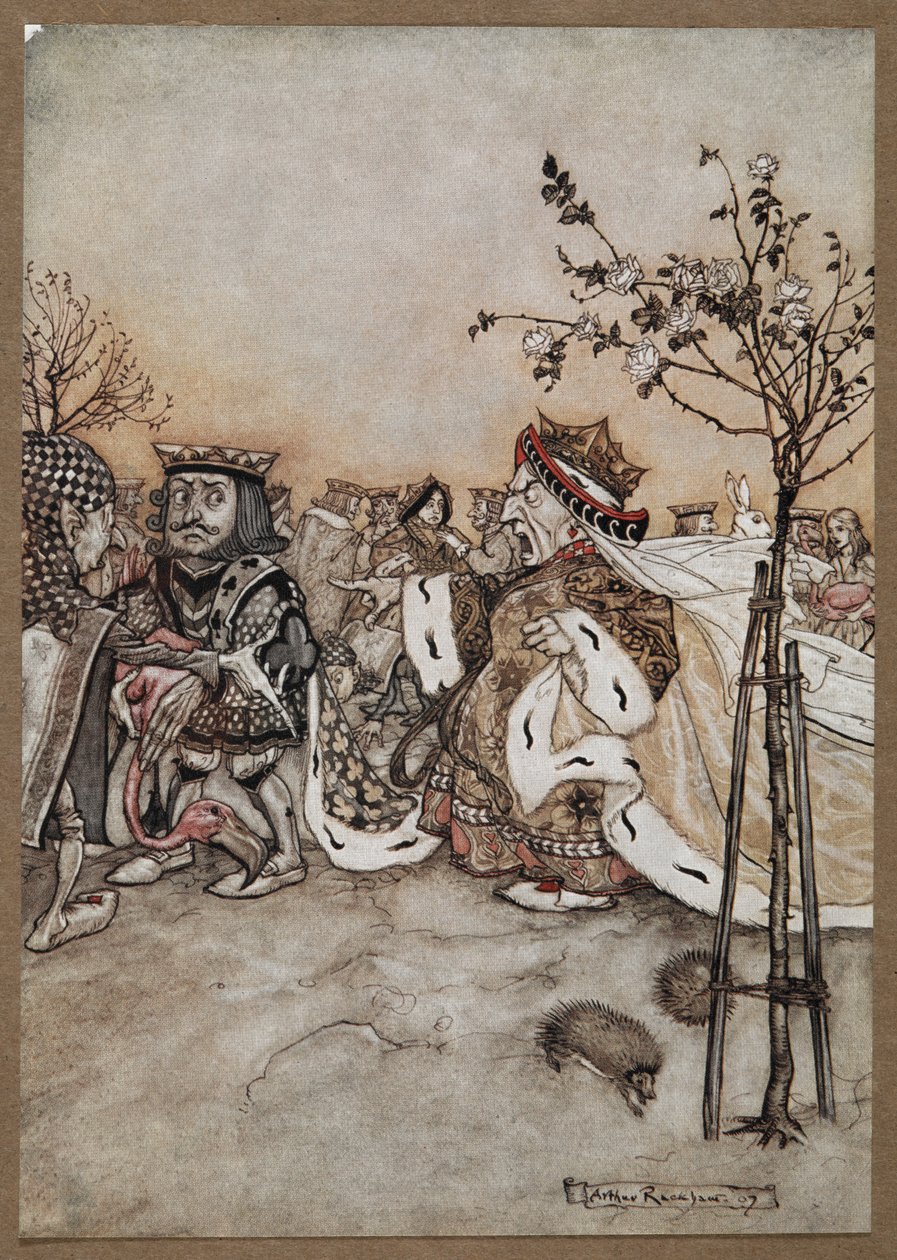 Hjärtadrottningen skriker argt efter krocketspelet av Arthur Rackham