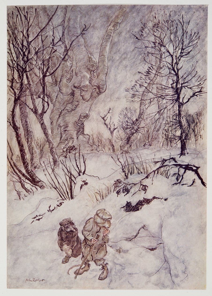 Råttan funderade ett tag och undersökte puckeln och sluttningarna som omgav dem, från Wind in the Willows av Kenneth Grahame (1859 - 1932), pub. 1940 av Arthur Rackham
