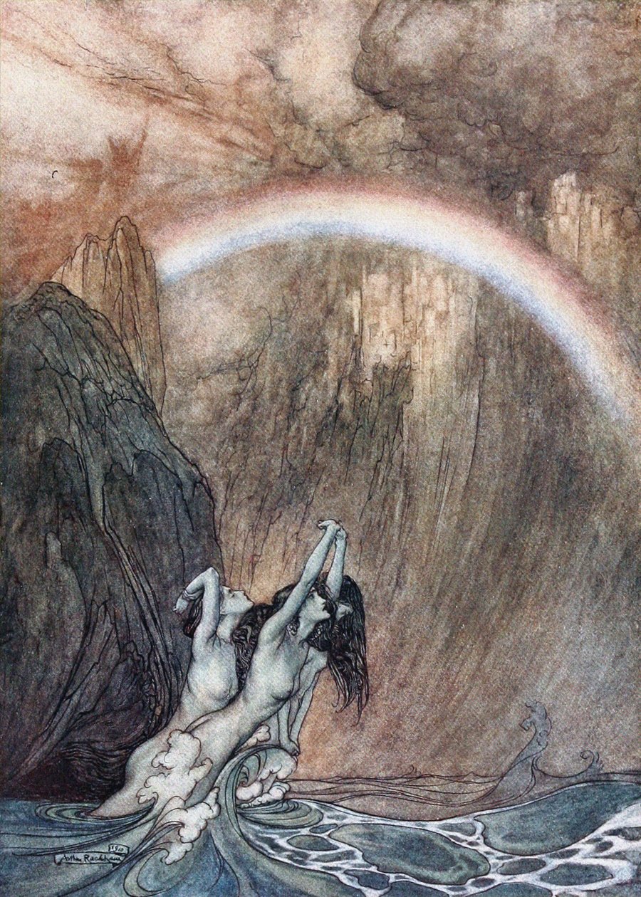 Rhinmaidens beklagar sitt förlorade guld. Illustration till The Rhinegold and The Valkyrie av Richard av Arthur Rackham