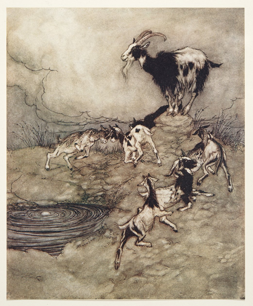 The Seven Kids och deras mamma kaperade och dansade våren i glädje, från The Fairy Tales of the Brothers Grimm, pub. 1909 av Arthur Rackham