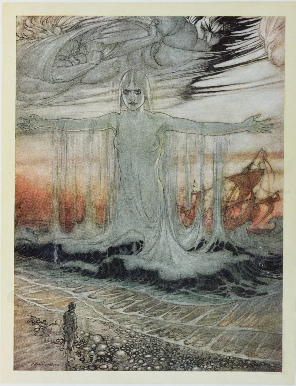 Den skeppsbrutna mannen och havet, illustration från "Aesops fabler", publicerad av Heinemann, 1912 av Arthur Rackham
