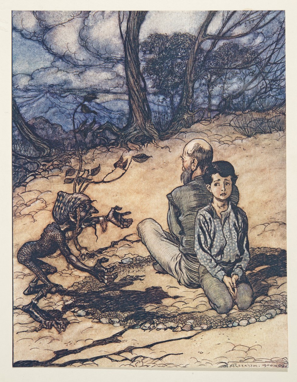 Sonen gjorde en cirkel, och hans far och han tog plats i den, och den lilla svarta Mannikinen dök upp från Bröderna Grimms sagor, pub. 1909 av Arthur Rackham