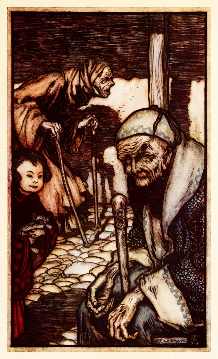 Struldbrugs olyckliga odödliga utan evig ungdom som förklaras från del III: A Voyage to Laputa, Balnibarbi, Luggnagg, Glubbdubdrib, and Japan in Gullivers Travels av Jonathan Swift av Arthur Rackham