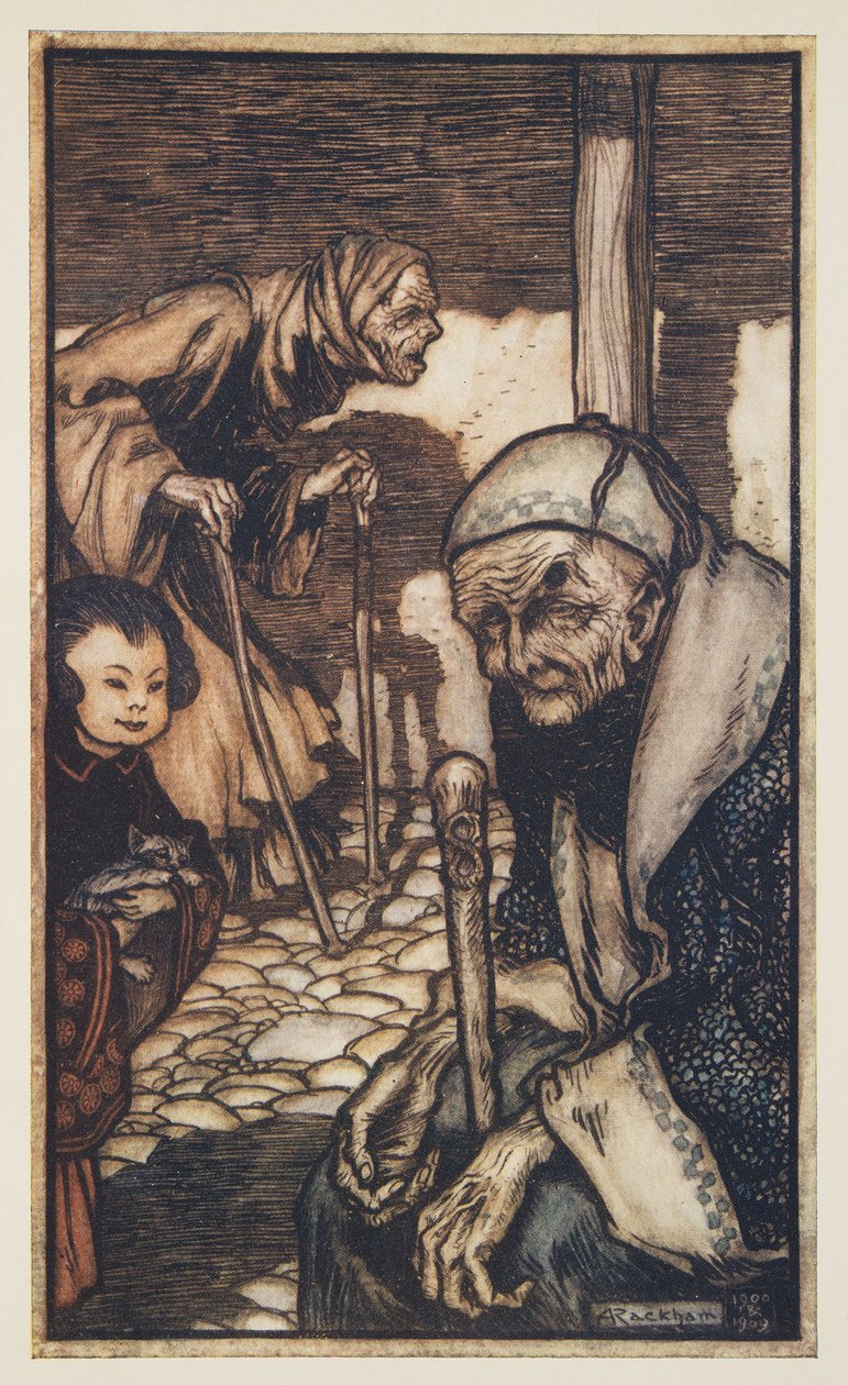 The Struldbrugs, från Gullivers resor av Jonathan Swift (1667 - 1745), pub. 1909 (lito i färg) av Arthur Rackham