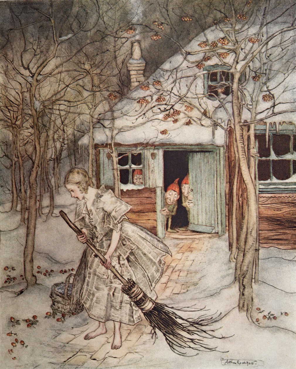De tre små männen i skogen, från Lillebror och lillasyster och andra berättelser av bröderna Grimm, pub.1917 av Arthur Rackham